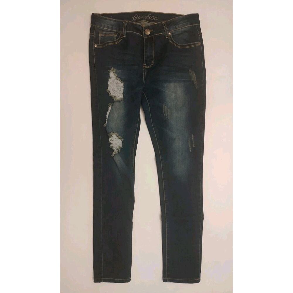 Women's Distressed Blue Jeans BamBoo Size 11/12 Mid-Rise Stretchy 5 Pocket Style